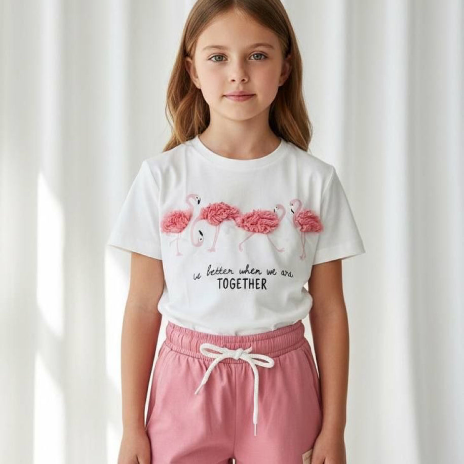 Kız Çocuk %100 Pamuk Flamingo Desenli Şortlu Takım