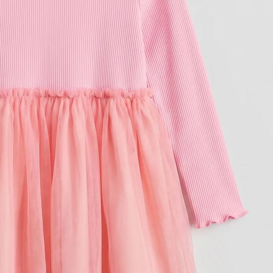 Kız Çocuk Pembe Uzun Kollu Pamuk Astarlı Tüllü Elbise