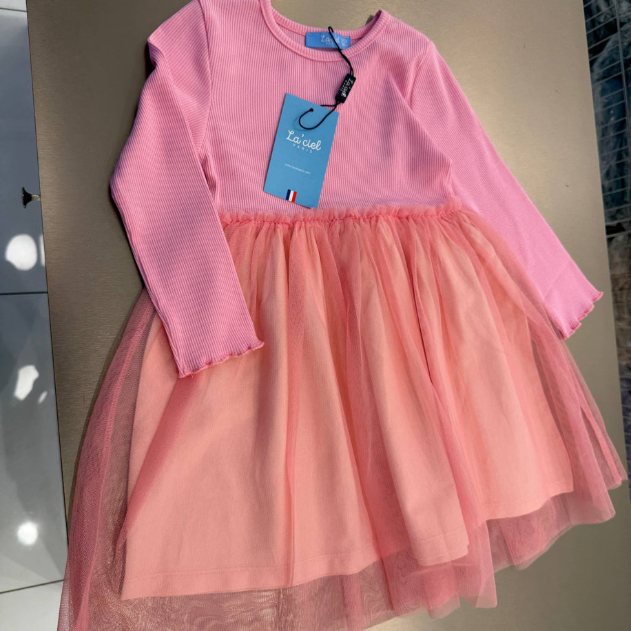 Kız Çocuk Pembe Uzun Kollu Pamuk Astarlı Tüllü Elbise