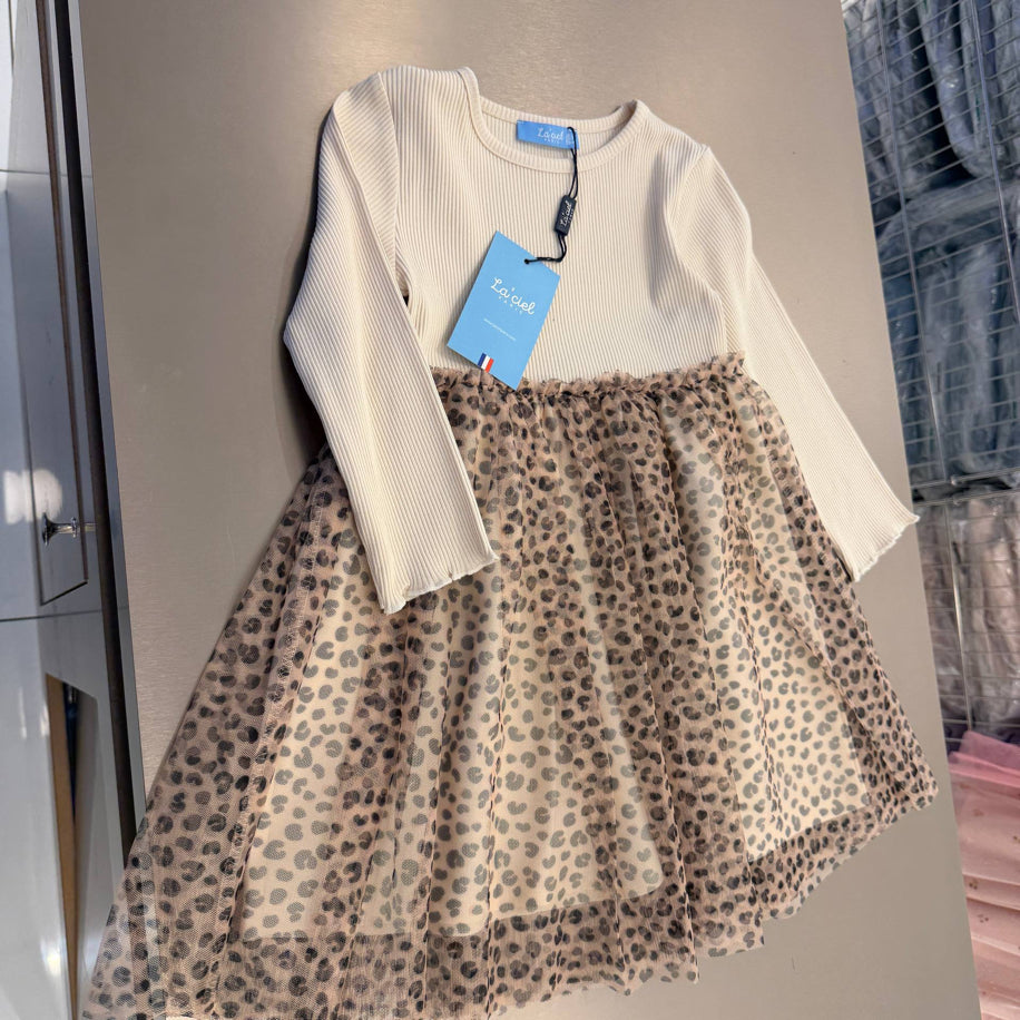 Kız Çocuk Uzun Kollu Leopar Desen Pamuk Astarlı Tüllü Elbise