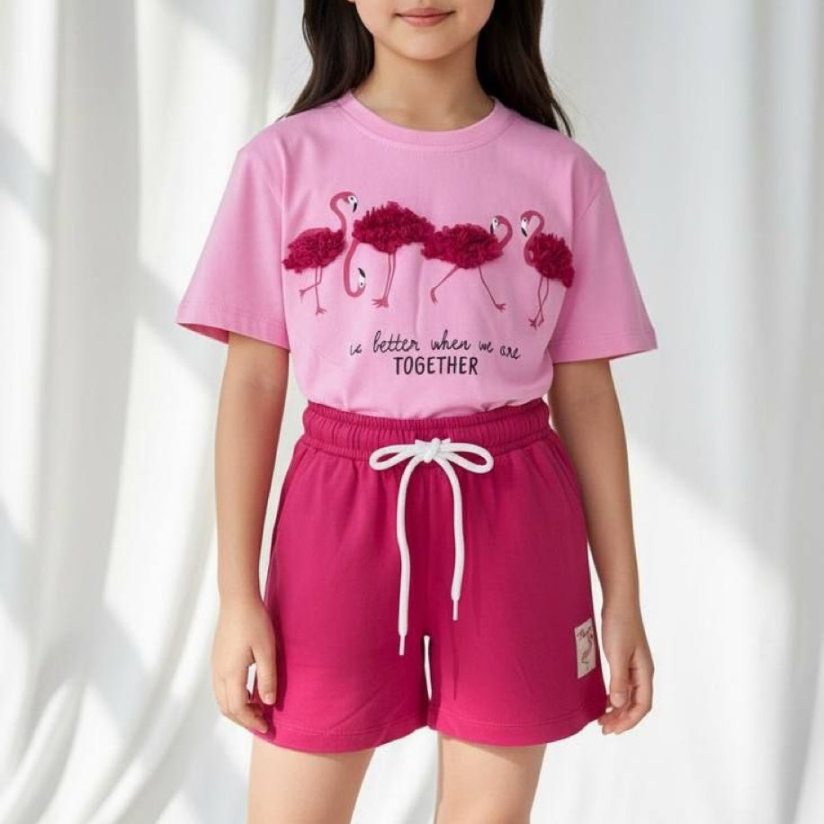Kız Çocuk %100 Pamuk Flamingo Desenli Şortlu Takım