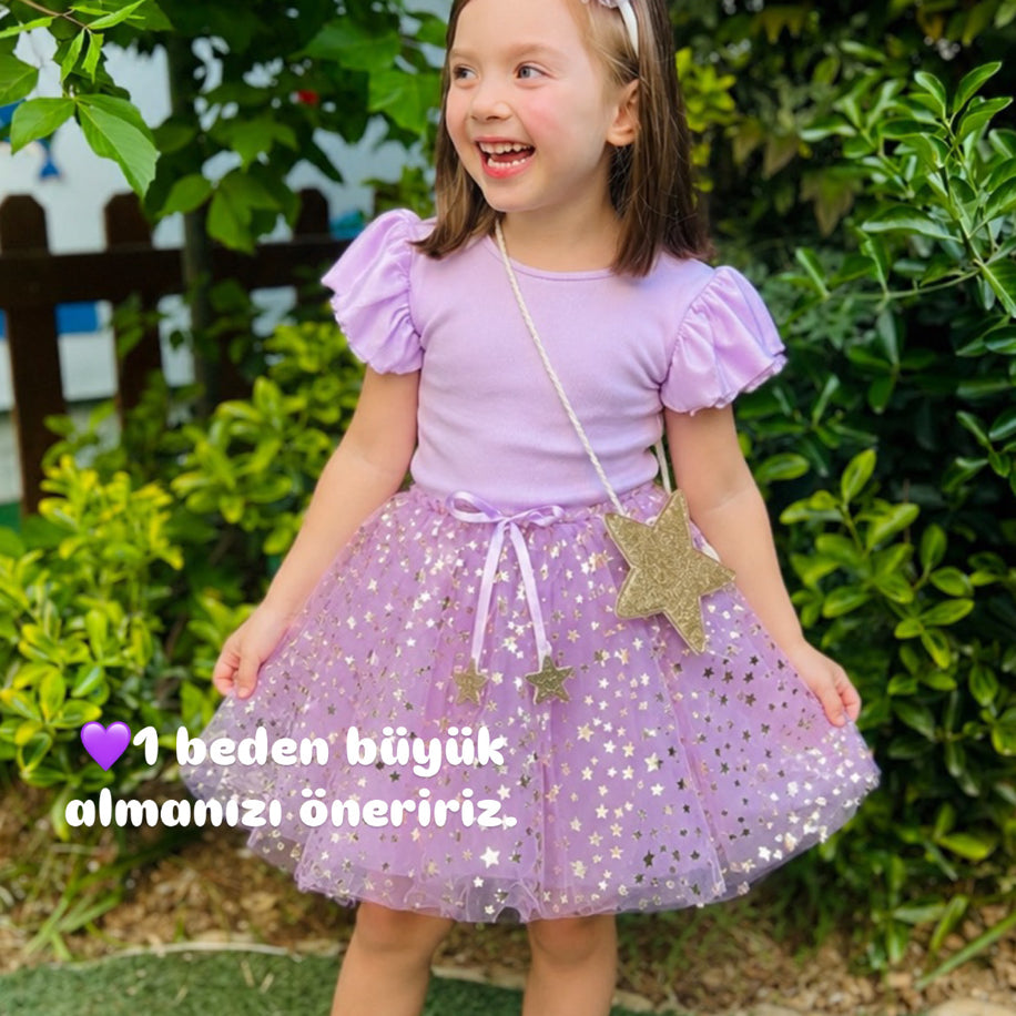 Kız Çocuk Lila Yıldız Fiyonk Detaylı Beli Lastikli Pamuk Astarlı Tüllü Etek