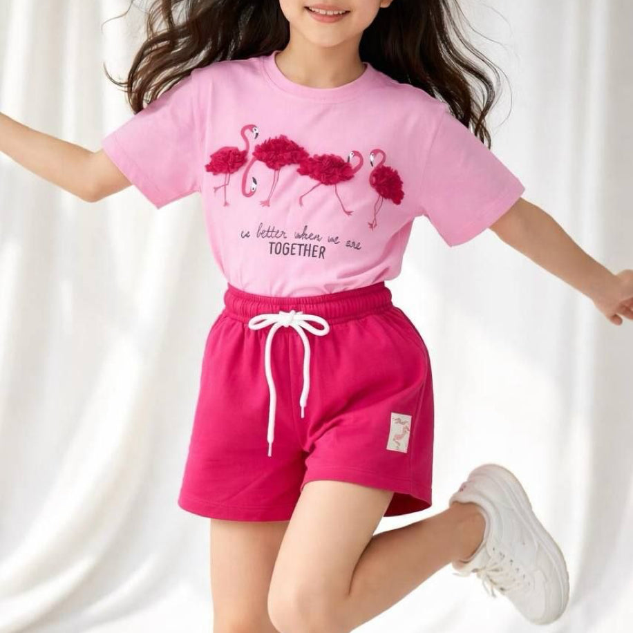 Kız Çocuk %100 Pamuk Flamingo Desenli Şortlu Takım