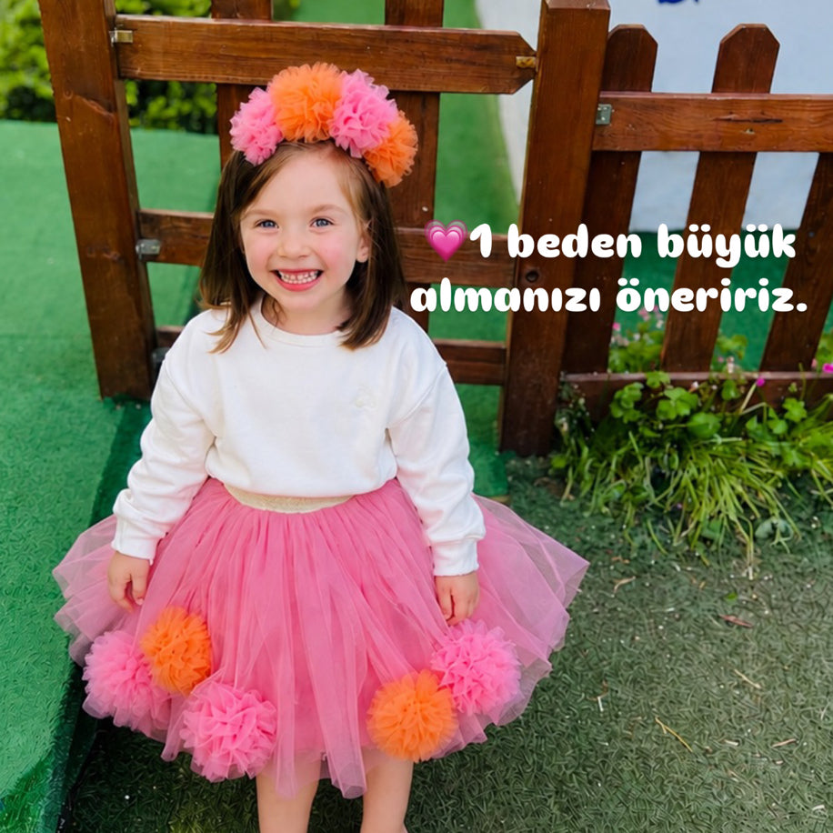 Kız Çocuk Fuşya Ponpon Detaylı Beli Lastikli %100 Pamuk Astarlı Tüllü Etek