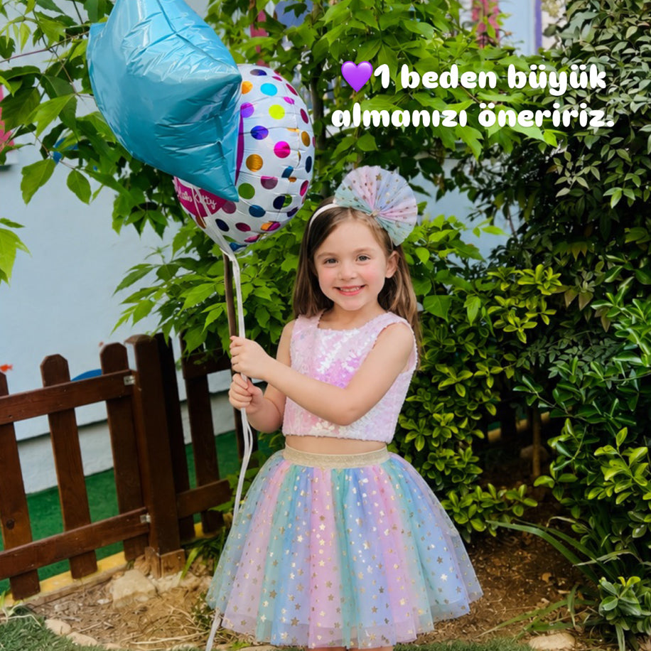 Kız Çocuk Çok Renkli Yıldız Baskılı Beli Lastikli Tüllü Etek