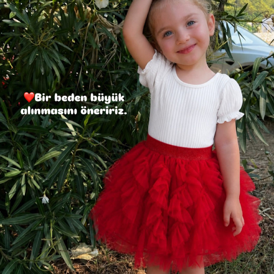Kız Çocuk Kırmızı Fırfır Detaylı Beli Lastikli Pamuk Astarlı Tüllü Etek