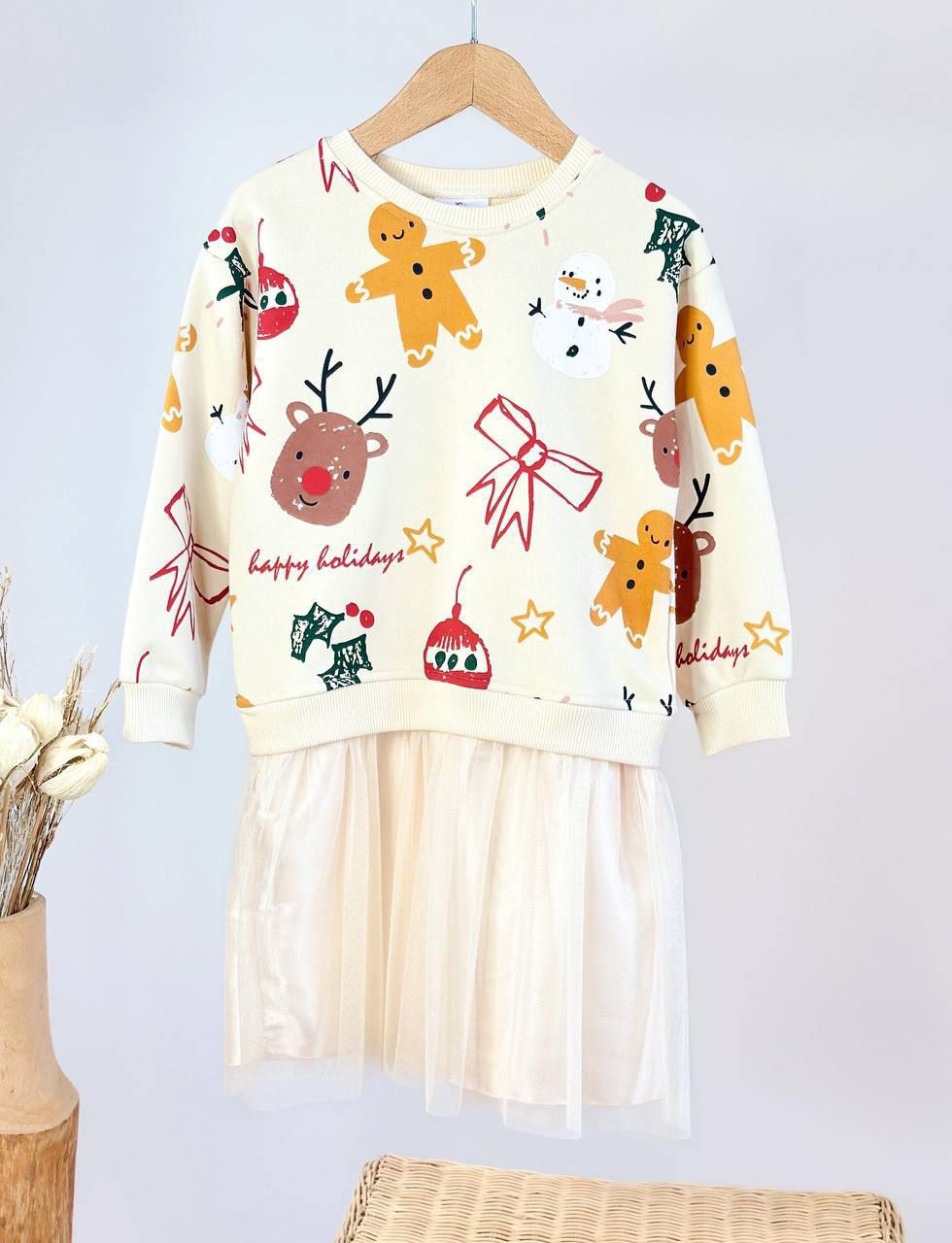 Kız Çocuk Tüllü Pamuk Astarlı Sweatshirt Elbise %100 Pamuk Fırçalı 3 İplik