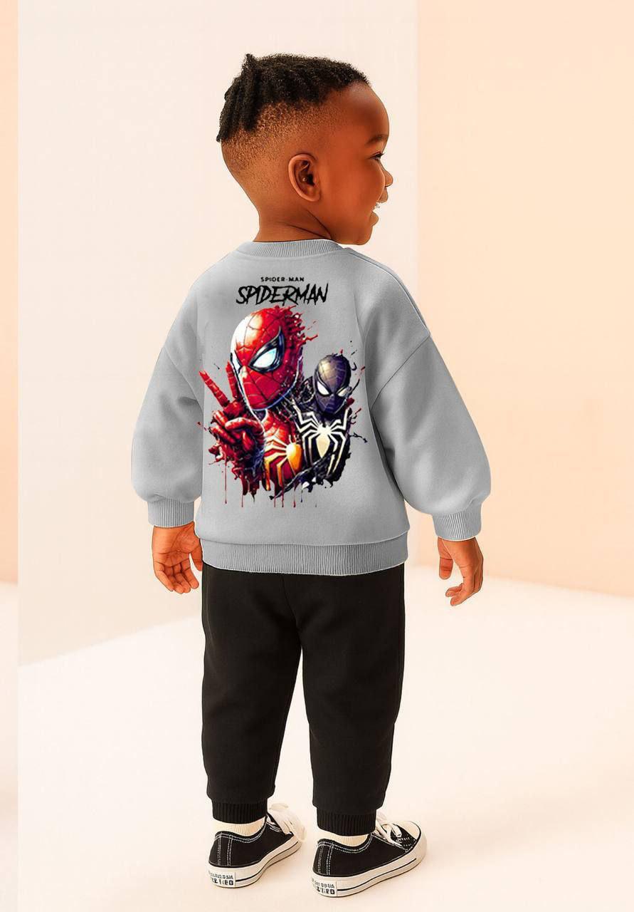 Erkek Çocuk %100 Pamuk 3 İplik Fırçalı Gri-Siyah Spiderman Baskılı Eşofman Takımı