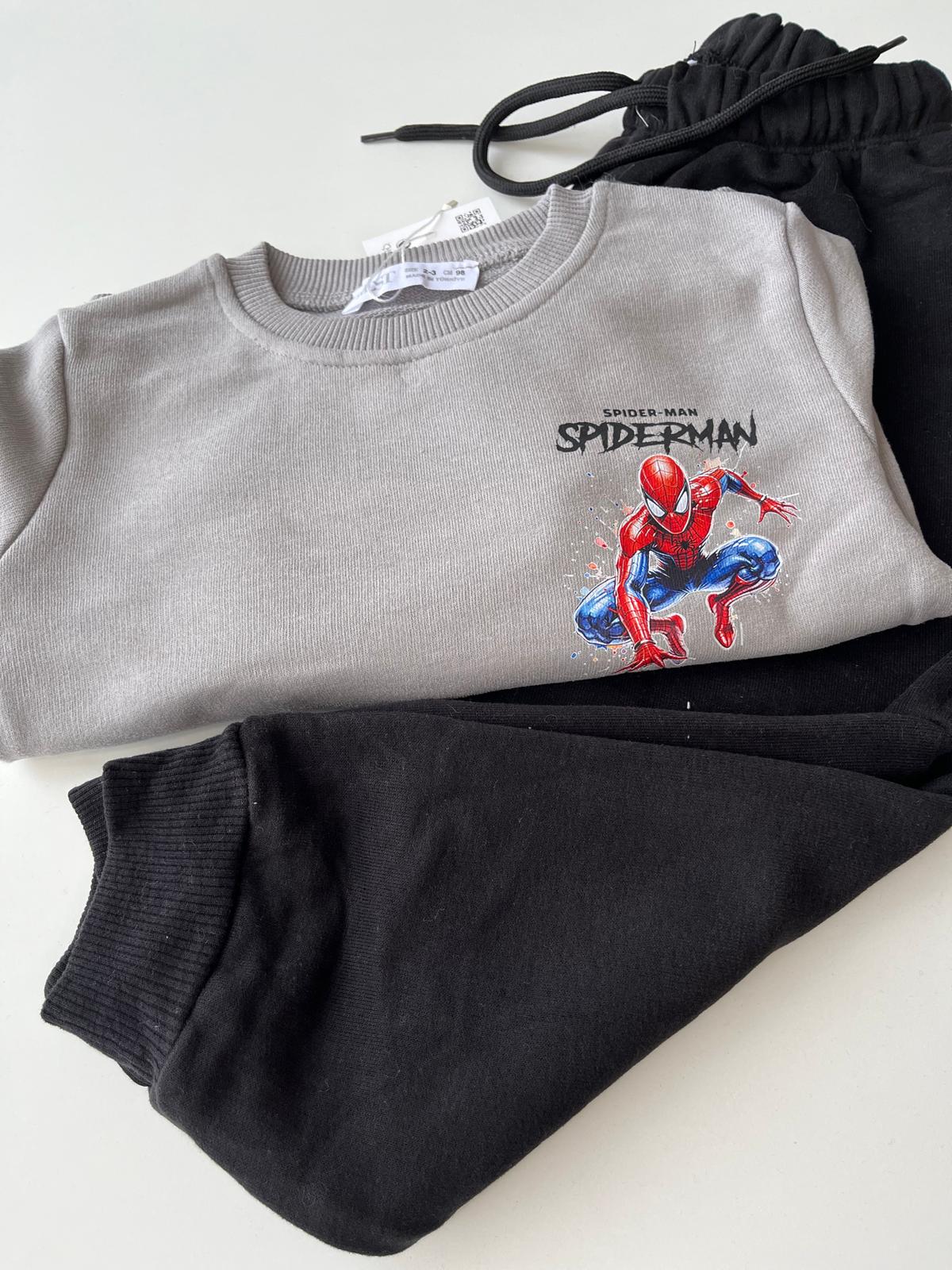 Erkek Çocuk %100 Pamuk 3 İplik Fırçalı Gri-Siyah Spiderman Baskılı Eşofman Takımı