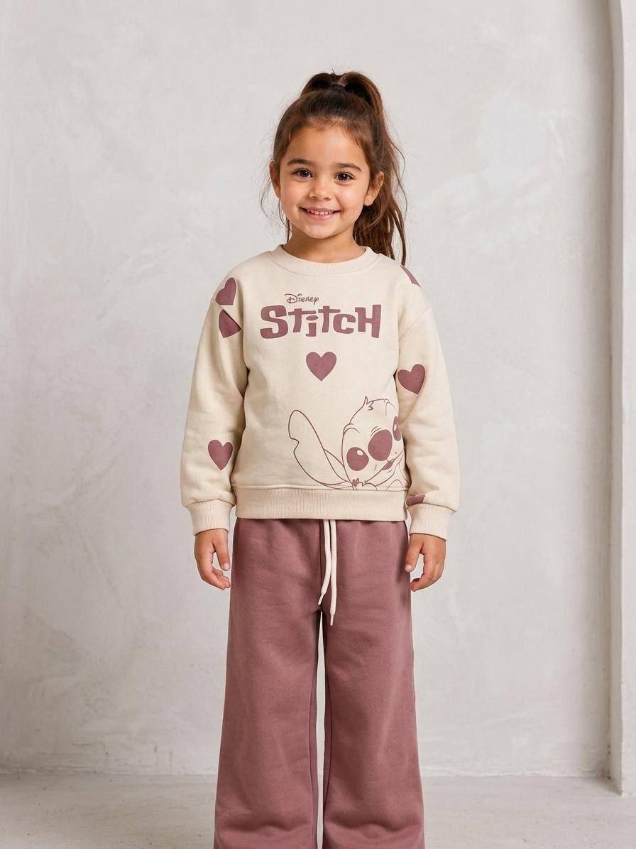 Kız Çocuk %100 Pamuk 3 İplik Fırçalı Kumaş Stitch Detaylı Eşofman Takım