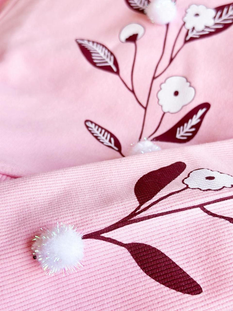 Kız Çocuk %100 Pamuk 3 İplik Fırçalı Pastel Pembe Ponpon ve Yaka Detaylı Alt Üst Takımı