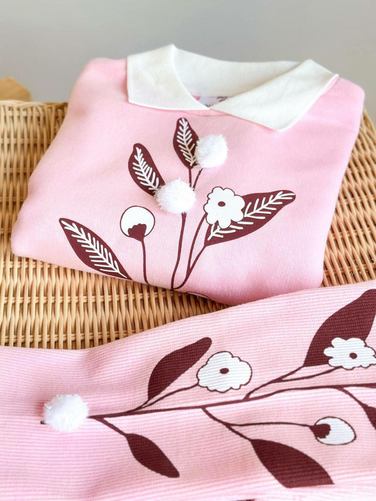 Kız Çocuk %100 Pamuk 3 İplik Fırçalı Pastel Pembe Ponpon ve Yaka Detaylı Alt Üst Takımı