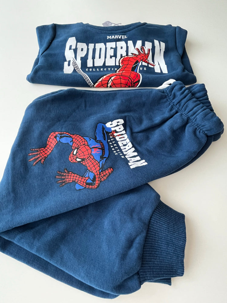Erkek Çocuk %100 Pamuk 3 İplik Fırçalı Lacivert Spiderman Baskılı Eşofman Takımı